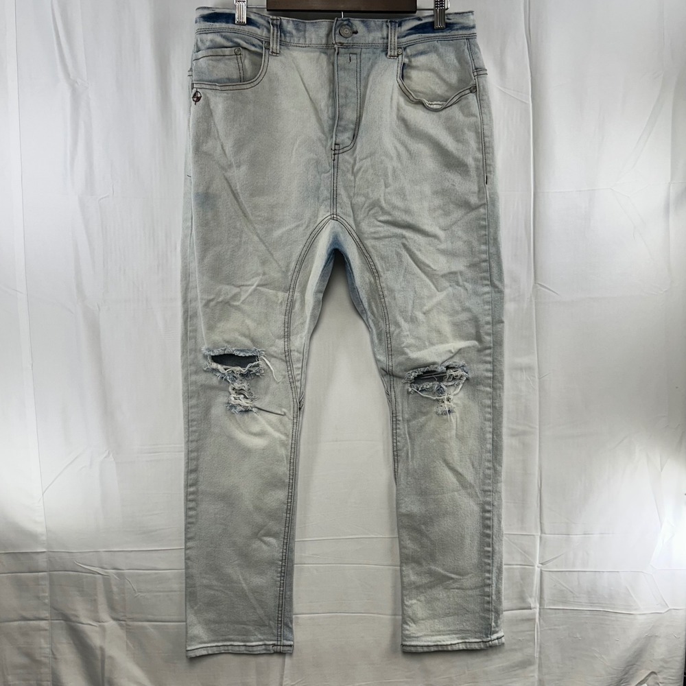 Crash Distressed Dropped Crotch Jeans Mens 34x30 Light Wash Blue Ripped Tapered